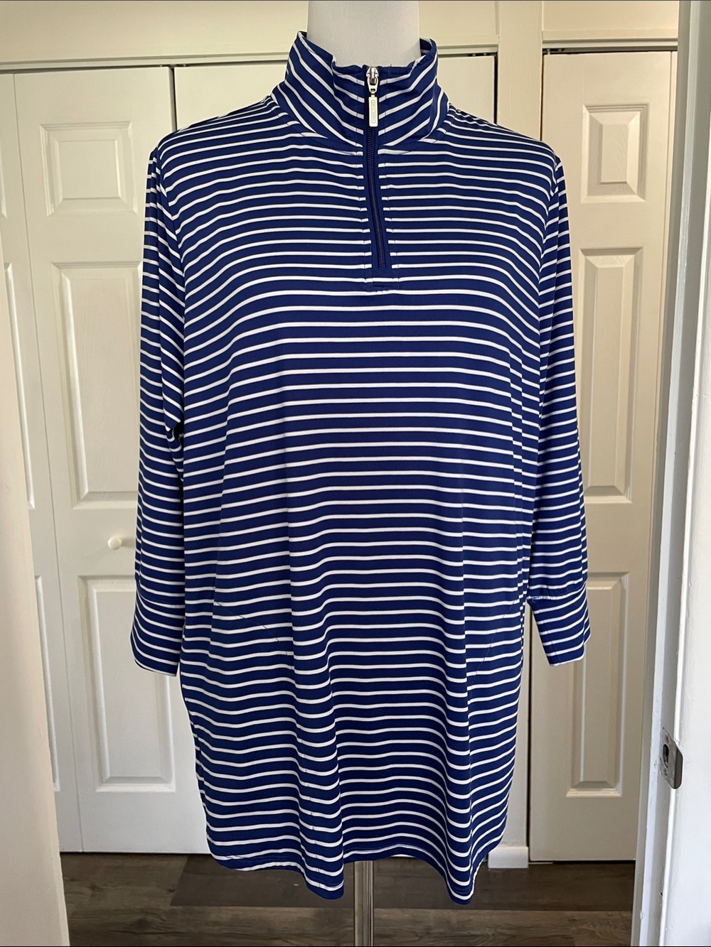 Half-Zip Blue & White Striped Tunic Top